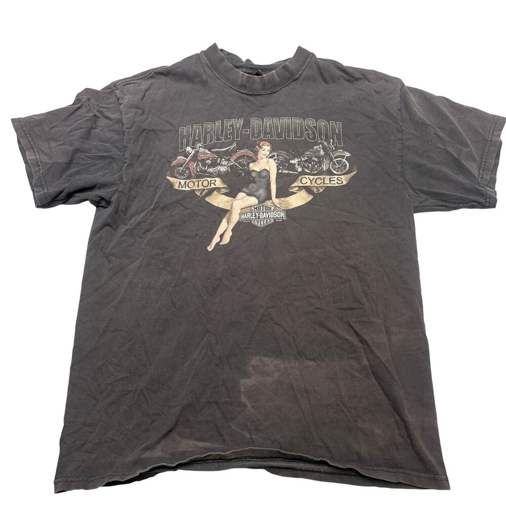 Vintage Y2K Harley Davidson Pinup Girl T Shirt Men's Large Biker Grunge Faded